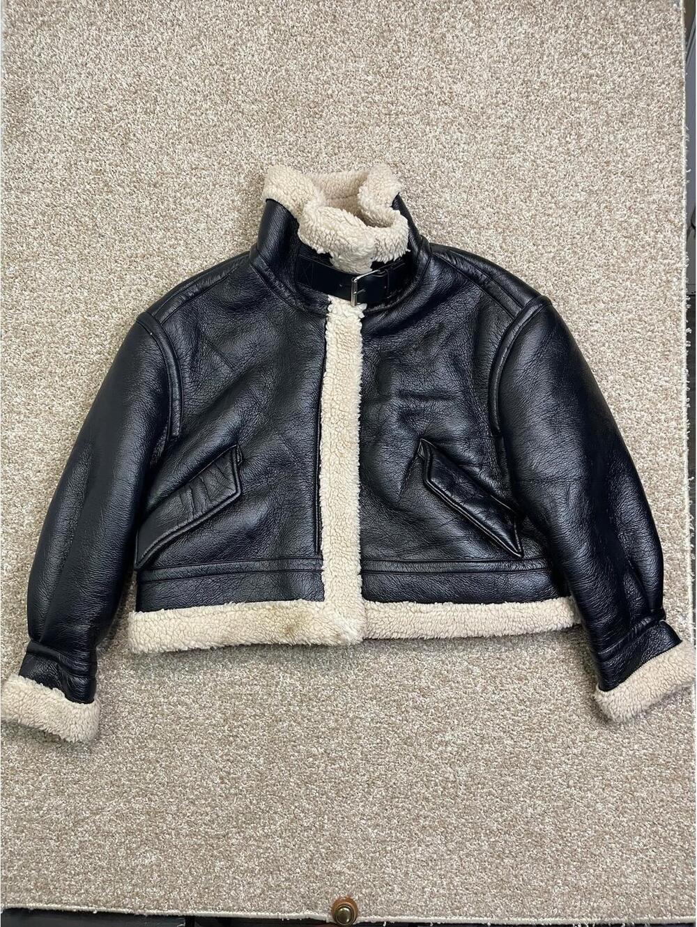 Women‎ Faux Leather Aviator Bomber Jacket In Black Nwt